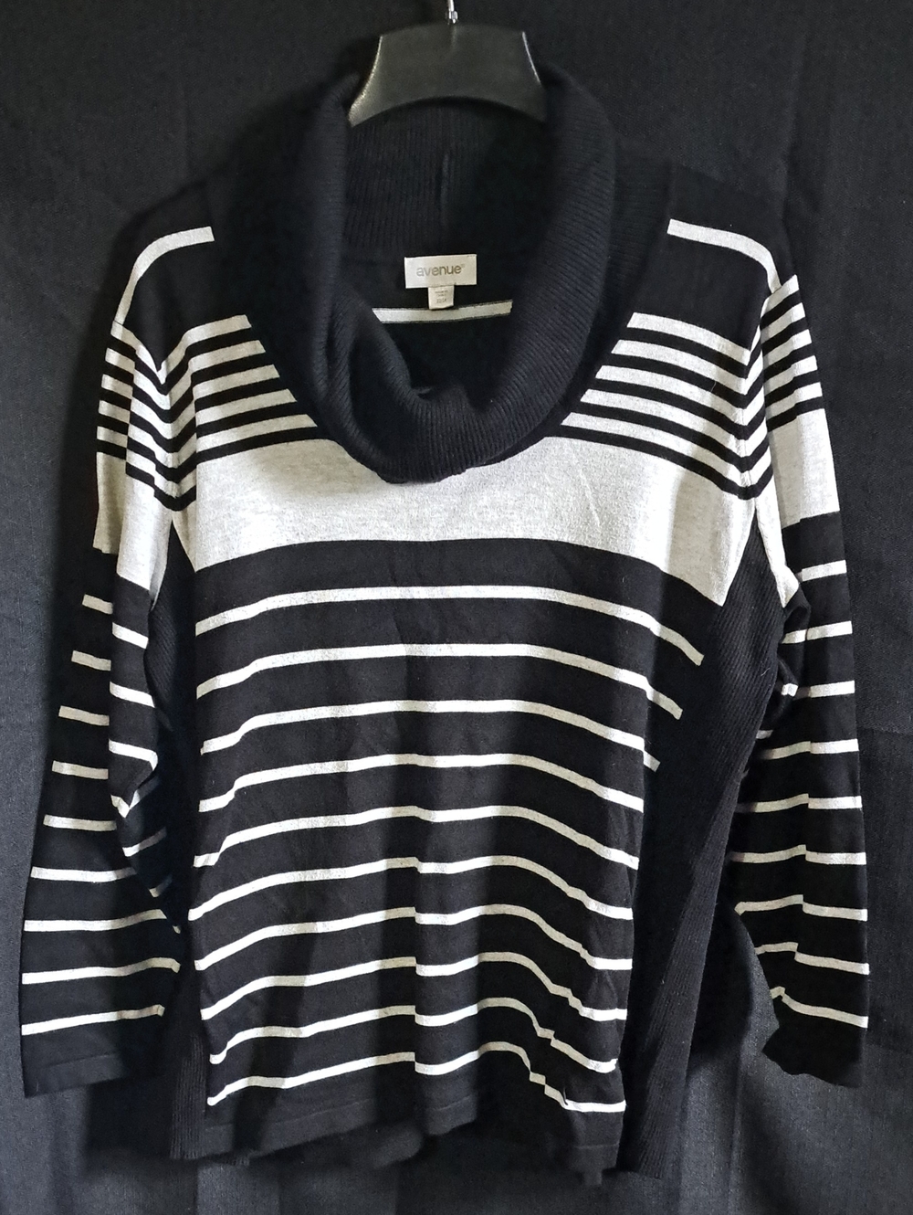 Avenue Black and White Striped Cowl Neck Sweater